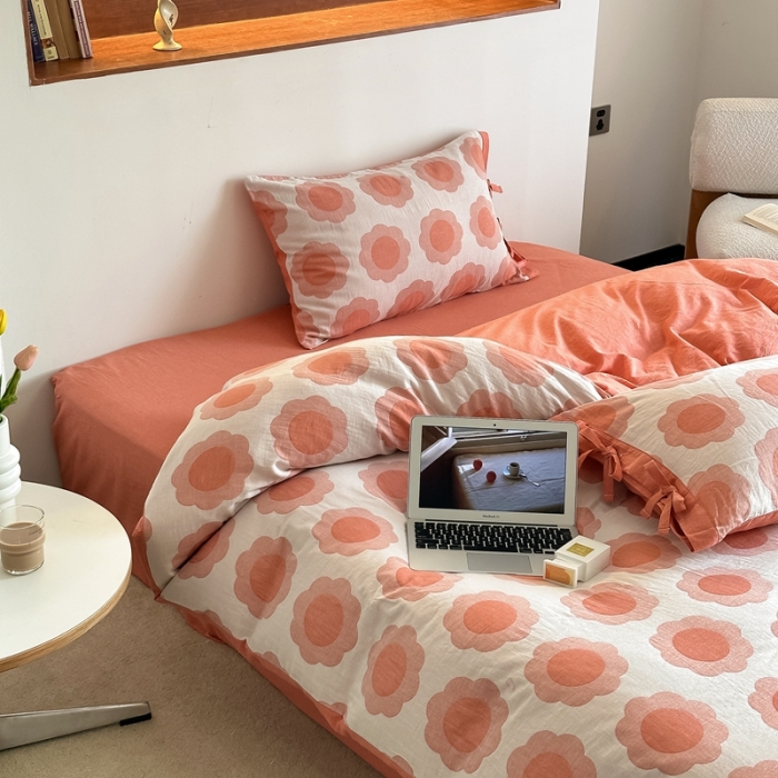 91家纺网 家纺一手货源 找家纺 安莱生活 双层纱太阳花工艺款绑带款太阳花高端四件套 太阳花-桔红