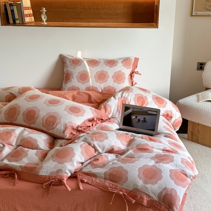 91家纺网 家纺一手货源 找家纺 安莱生活 双层纱太阳花工艺款绑带款太阳花高端四件套 太阳花-桔红