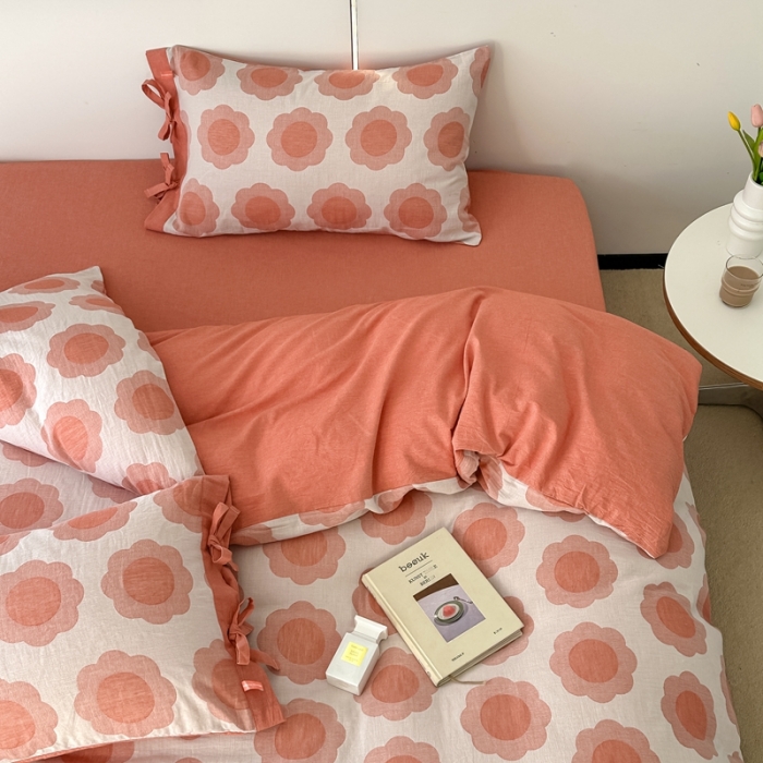 91家纺网 家纺一手货源 找家纺 安莱生活 双层纱太阳花工艺款绑带款太阳花高端四件套 太阳花-桔红