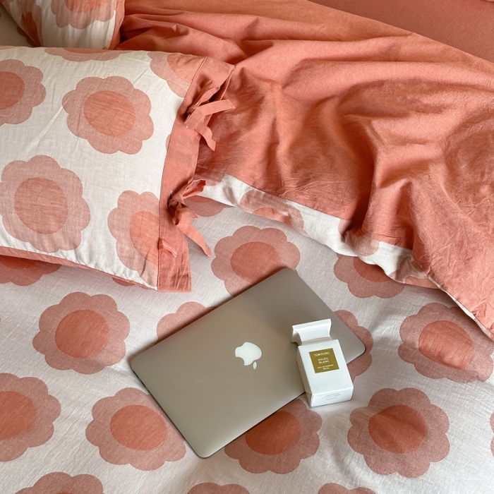 91家纺网 家纺一手货源 找家纺 安莱生活 双层纱太阳花工艺款绑带款太阳花高端四件套 太阳花-桔红