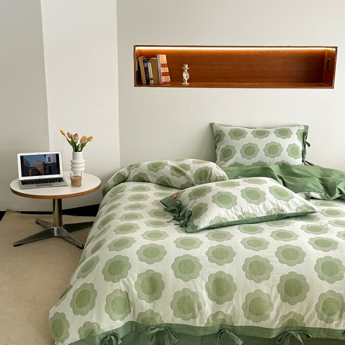 91家纺网 家纺一手货源 找家纺 安莱生活 双层纱太阳花工艺款绑带款太阳花高端四件套 太阳花-嫩绿