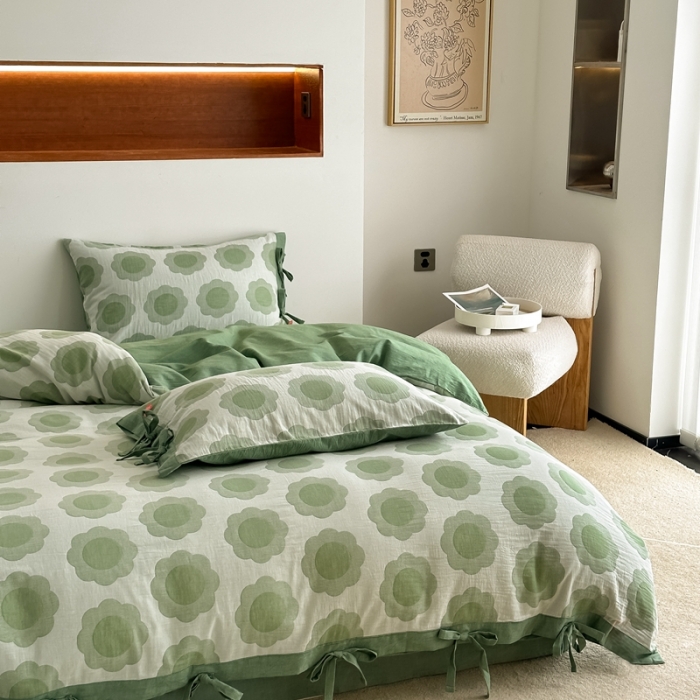 91家纺网 家纺一手货源 找家纺 安莱生活 双层纱太阳花工艺款绑带款太阳花高端四件套 太阳花-嫩绿