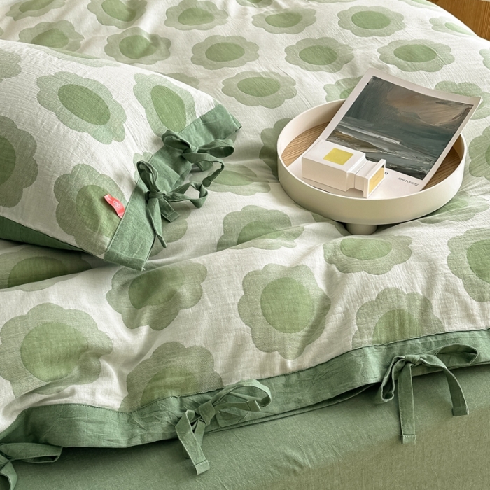 91家纺网 家纺一手货源 找家纺 安莱生活 双层纱太阳花工艺款绑带款太阳花高端四件套 太阳花-嫩绿