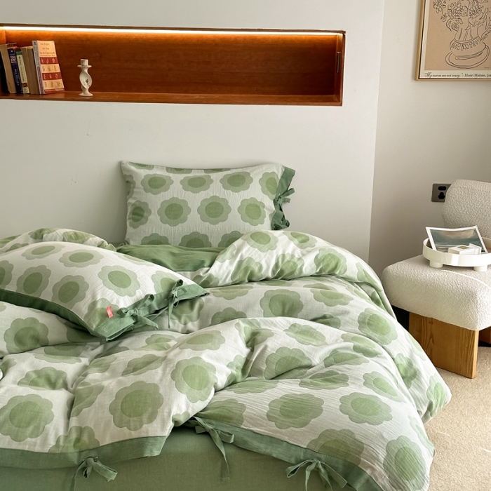 91家纺网 家纺一手货源 找家纺 安莱生活 双层纱太阳花工艺款绑带款太阳花高端四件套 太阳花-嫩绿