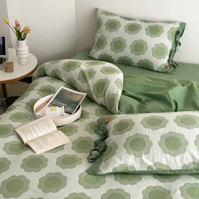 91家纺网 家纺一手货源 找家纺 安莱生活 双层纱太阳花工艺款绑带款太阳花高端四件套 太阳花-嫩绿