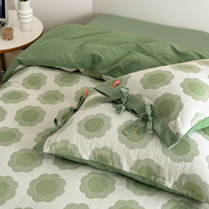 91家纺网 家纺一手货源 找家纺 安莱生活 双层纱太阳花工艺款绑带款太阳花高端四件套 太阳花-嫩绿