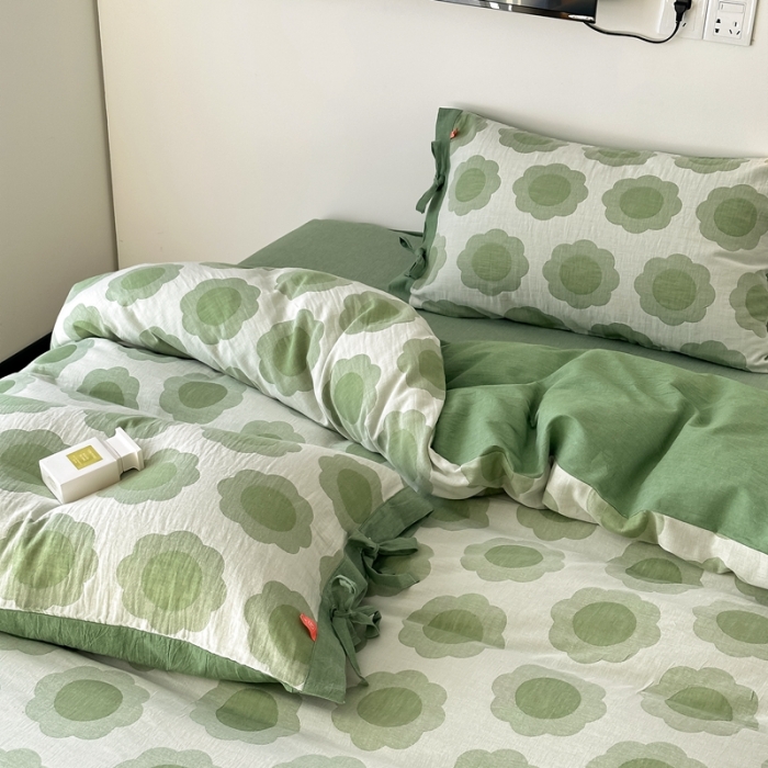 91家纺网 家纺一手货源 找家纺 安莱生活 双层纱太阳花工艺款绑带款太阳花高端四件套 太阳花-嫩绿