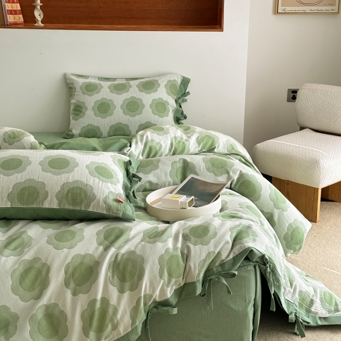 91家纺网 家纺一手货源 找家纺 安莱生活 双层纱太阳花工艺款绑带款太阳花高端四件套 太阳花-嫩绿