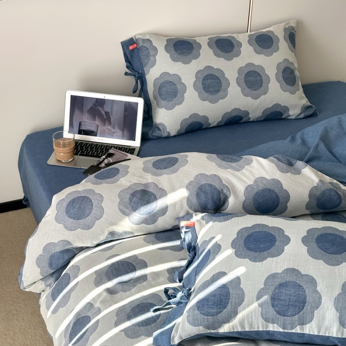 91家纺网 家纺一手货源 找家纺 安莱生活 双层纱太阳花工艺款绑带款太阳花高端四件套 太阳花-深蓝