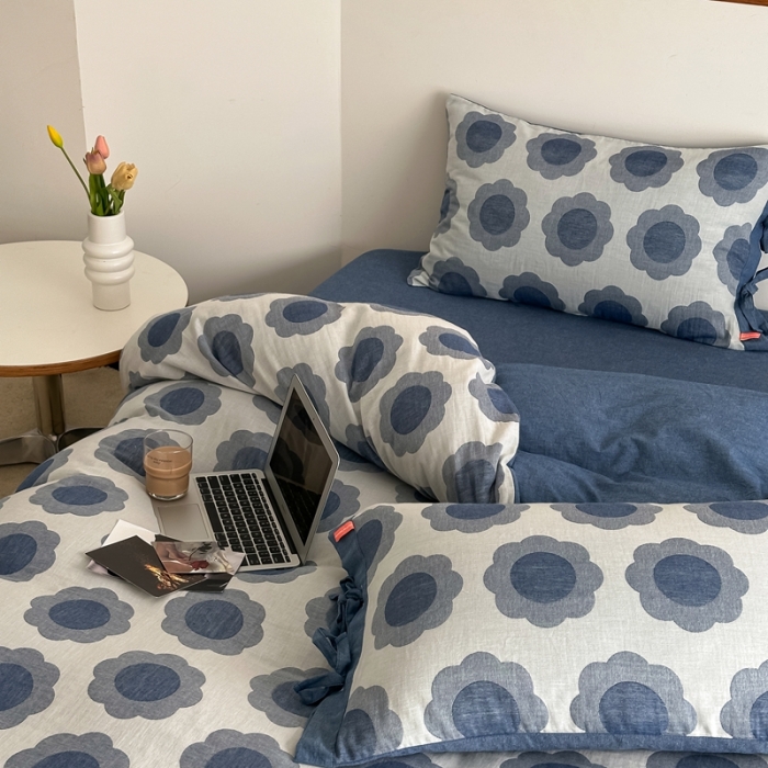 91家纺网 家纺一手货源 找家纺 安莱生活 双层纱太阳花工艺款绑带款太阳花高端四件套 太阳花-深蓝