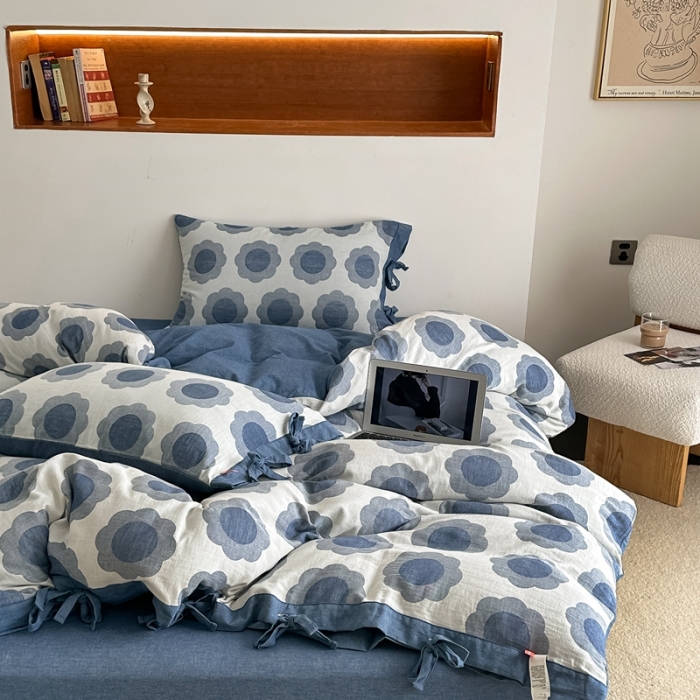 91家纺网 家纺一手货源 找家纺 安莱生活 双层纱太阳花工艺款绑带款太阳花高端四件套 太阳花-深蓝