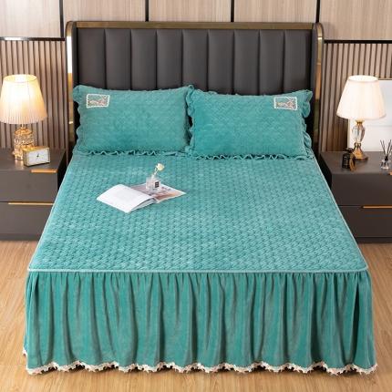 91家纺网 家纺一手货源 找家纺 木兰花 牛奶绒夹棉纯色床裙水晶法莱绒三件套-国色天香薄荷绿