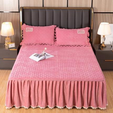 木兰花 牛奶绒夹棉纯色床裙水晶法莱绒三件套-国色天香豆沙