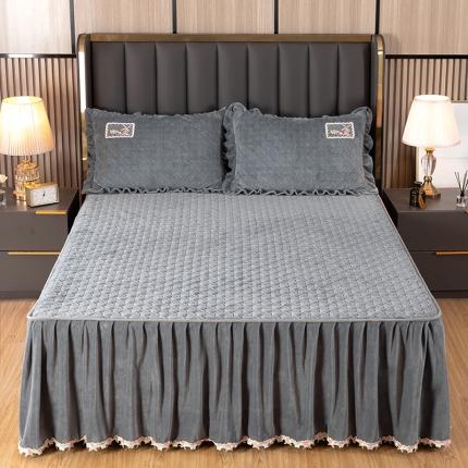 木兰花 牛奶绒夹棉纯色床裙水晶法莱绒三件套-国色天香高级灰