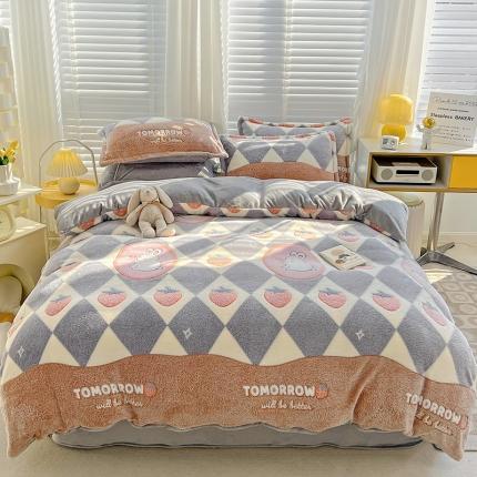 91家纺网 家纺一手货源 找家纺 青竹苑2022雪花绒加牛奶绒5D立体雕花绒四件套 幸运兔