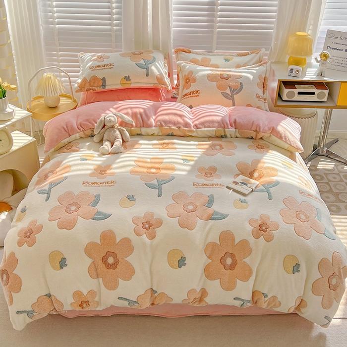 91家纺网 家纺一手货源 找家纺 青竹苑2022雪花绒加牛奶绒5D立体雕花绒四件套 繁花