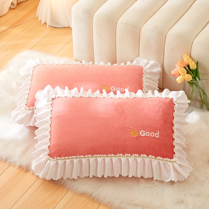 91家纺网 家纺一手货源 找家纺 丰淘 2022新款宝宝绒花边刺绣枕套一对装 宝宝绒粉桔