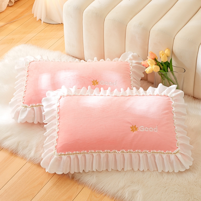 91家纺网 家纺一手货源 找家纺 丰淘 2022新款宝宝绒花边刺绣枕套一对装 宝宝绒-粉色