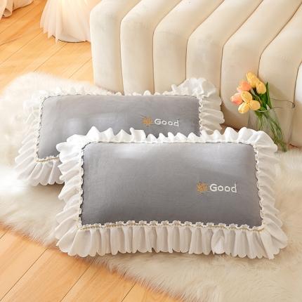 丰淘 2022新款宝宝绒花边刺绣枕套一对装 宝宝绒灰色