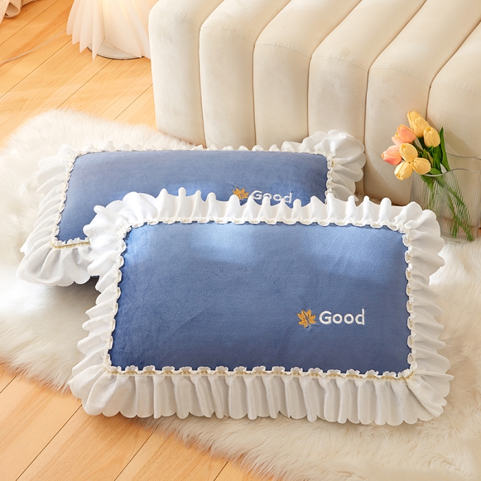 91家纺网 家纺一手货源 找家纺 丰淘 2022新款宝宝绒花边刺绣枕套一对装 宝宝绒蓝色