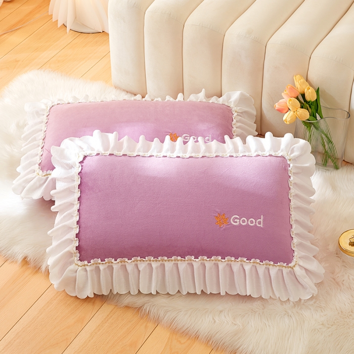 91家纺网 家纺一手货源 找家纺 丰淘 2022新款宝宝绒花边刺绣枕套一对装 宝宝绒浅紫