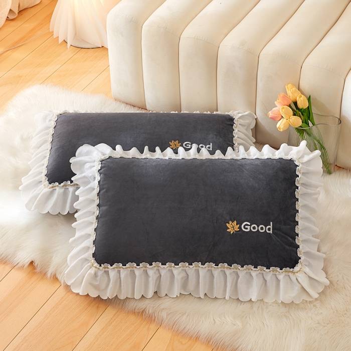 91家纺网 家纺一手货源 找家纺 丰淘 2022新款宝宝绒花边刺绣枕套一对装 宝宝绒深灰