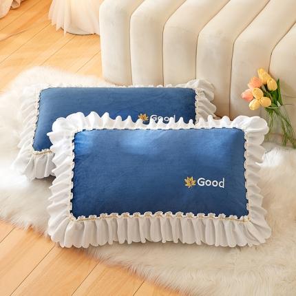 丰淘 2022新款宝宝绒花边刺绣枕套一对装 宝宝绒雾霾蓝