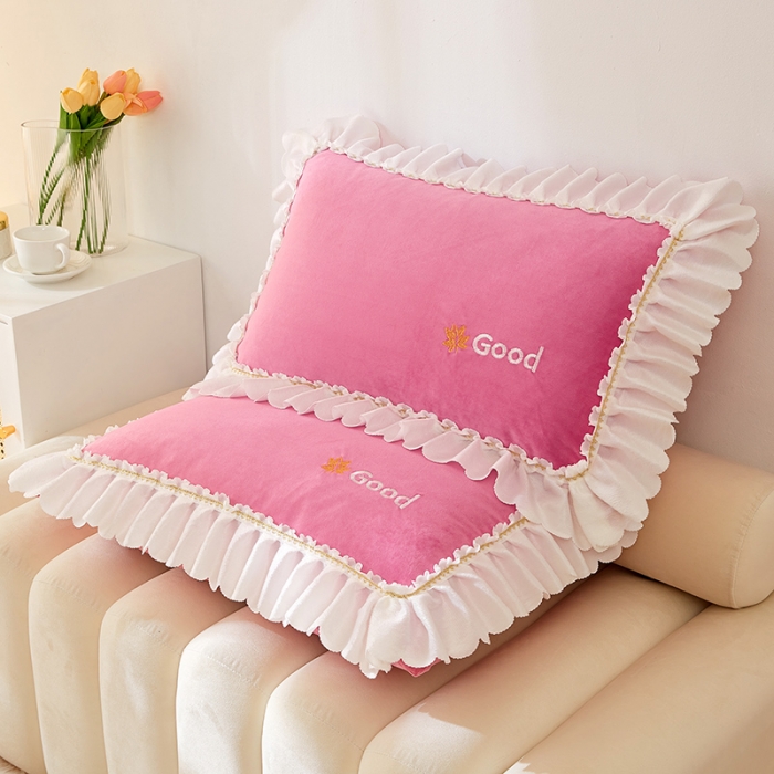 91家纺网 家纺一手货源 找家纺 丰淘 2022新款宝宝绒花边刺绣枕套一对装 宝宝绒玫红