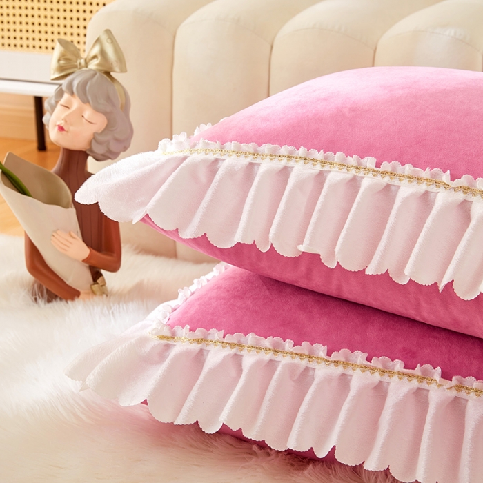 91家纺网 家纺一手货源 找家纺 丰淘 2022新款宝宝绒花边刺绣枕套一对装 宝宝绒玫红