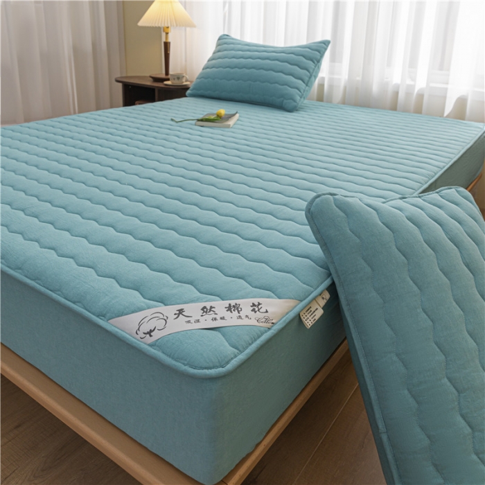 91家纺网 家纺一手货源 找家纺 雪云美新款A类新疆棉花床笠 全棉水洗棉夹棉床笠单  湖蓝色