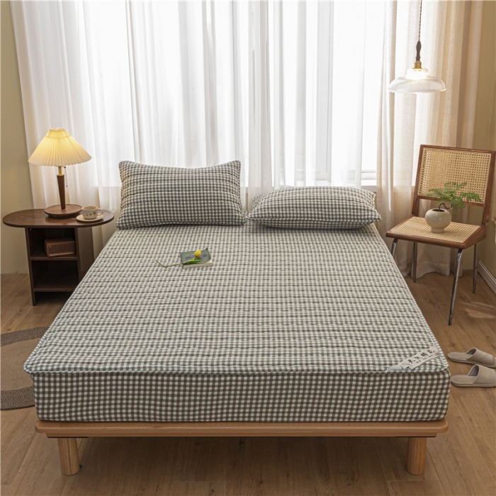 91家纺网 家纺一手货源 找家纺 雪云美新款A类新疆棉花床笠 全棉水洗棉夹棉床笠单  绿小格