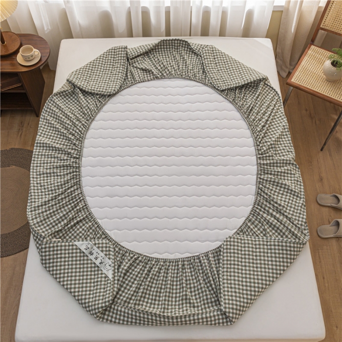 91家纺网 家纺一手货源 找家纺 雪云美新款A类新疆棉花床笠 全棉水洗棉夹棉床笠单  绿小格