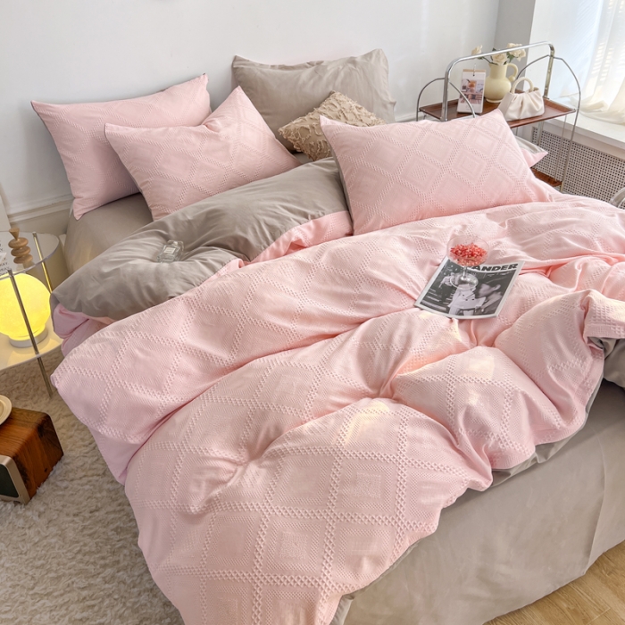 91家纺网 家纺一手货源 找家纺 （总）米粒 2022直播爆款纯色AB版华夫格四件套磨毛水洗棉