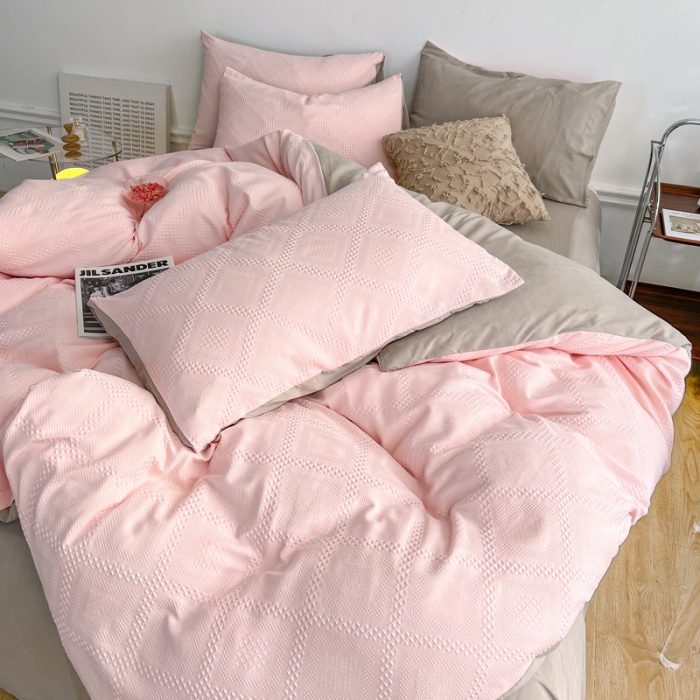 91家纺网 家纺一手货源 找家纺 米粒 2022直播爆款纯色AB版华夫格四件套磨毛水洗棉 粉咖