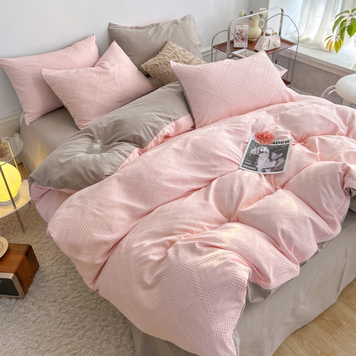 91家纺网 家纺一手货源 找家纺 米粒 2022直播爆款纯色AB版华夫格四件套磨毛水洗棉 粉咖