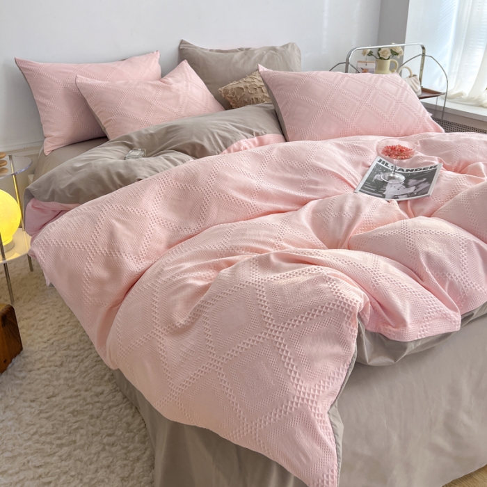 91家纺网 家纺一手货源 找家纺 米粒 2022直播爆款纯色AB版华夫格四件套磨毛水洗棉 粉咖