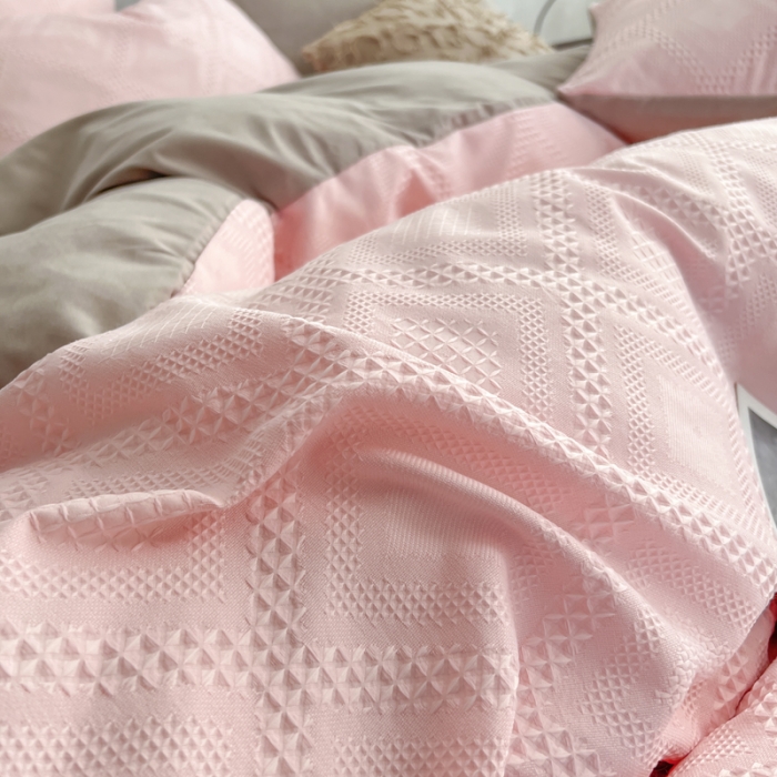 91家纺网 家纺一手货源 找家纺 米粒 2022直播爆款纯色AB版华夫格四件套磨毛水洗棉 粉咖