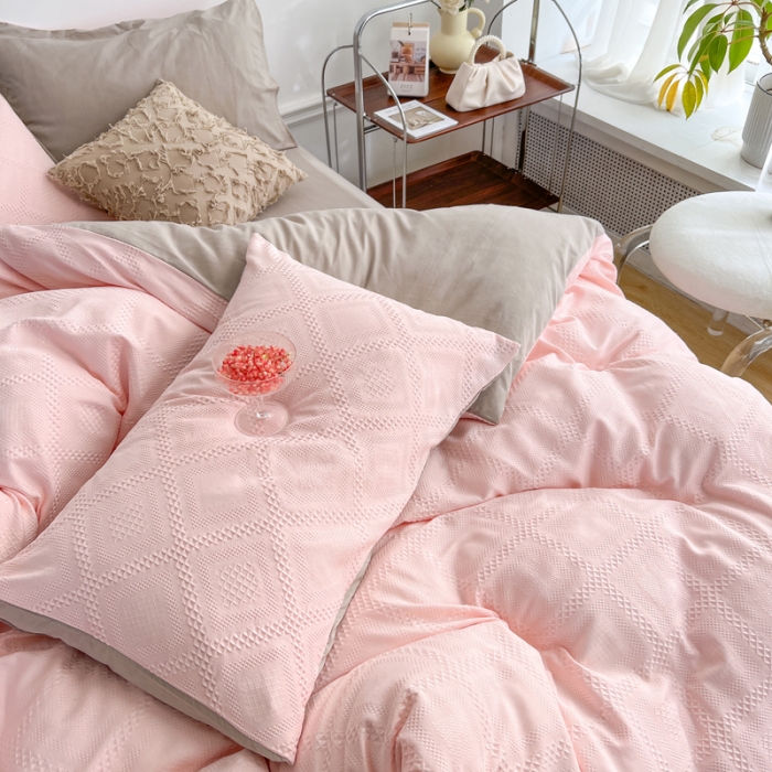 91家纺网 家纺一手货源 找家纺 米粒 2022直播爆款纯色AB版华夫格四件套磨毛水洗棉 粉咖