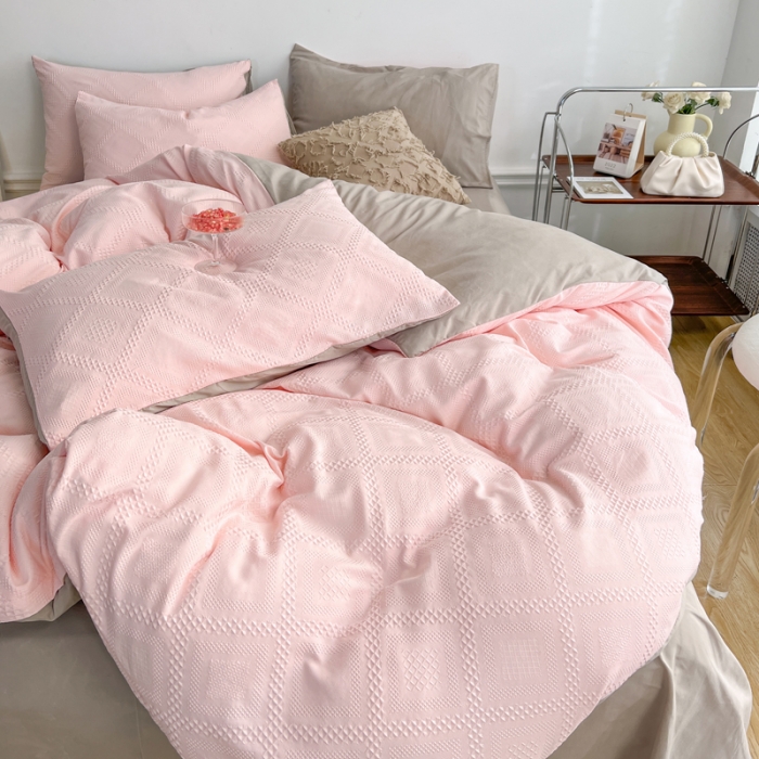 91家纺网 家纺一手货源 找家纺 米粒 2022直播爆款纯色AB版华夫格四件套磨毛水洗棉 粉咖