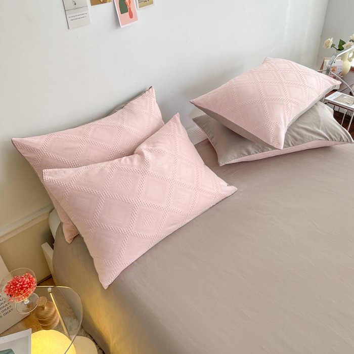 91家纺网 家纺一手货源 找家纺 米粒 2022直播爆款纯色AB版华夫格四件套磨毛水洗棉 粉咖