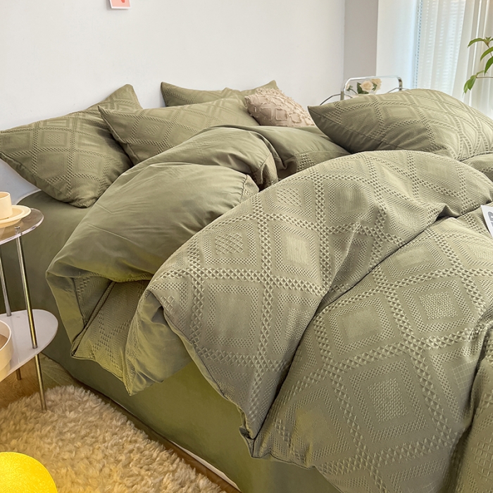 91家纺网 家纺一手货源 找家纺 米粒 2022直播爆款纯色AB版华夫格四件套磨毛水洗棉 橄榄绿