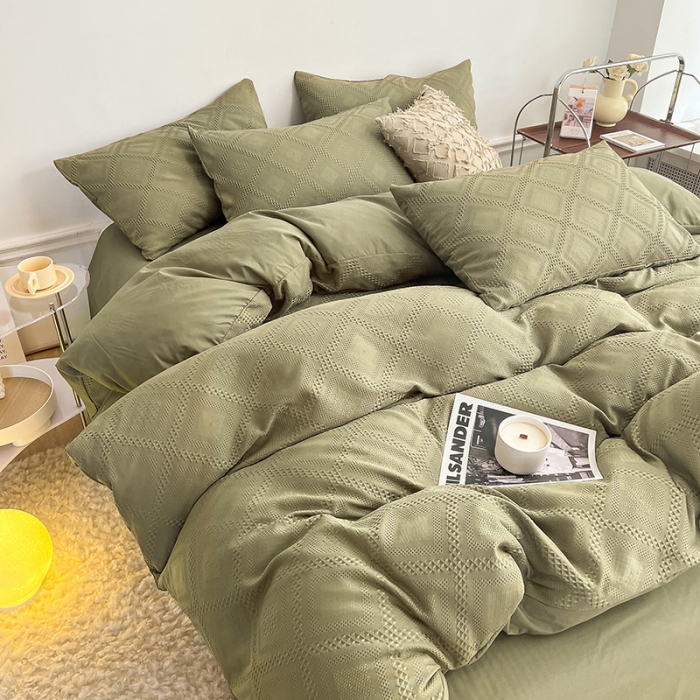 91家纺网 家纺一手货源 找家纺 米粒 2022直播爆款纯色AB版华夫格四件套磨毛水洗棉 橄榄绿