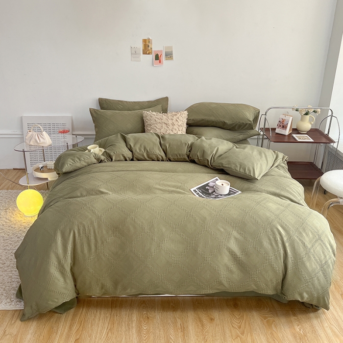 91家纺网 家纺一手货源 找家纺 米粒 2022直播爆款纯色AB版华夫格四件套磨毛水洗棉 橄榄绿