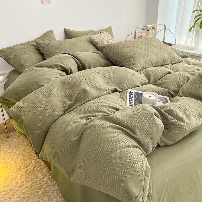 91家纺网 家纺一手货源 找家纺 米粒 2022直播爆款纯色AB版华夫格四件套磨毛水洗棉 橄榄绿