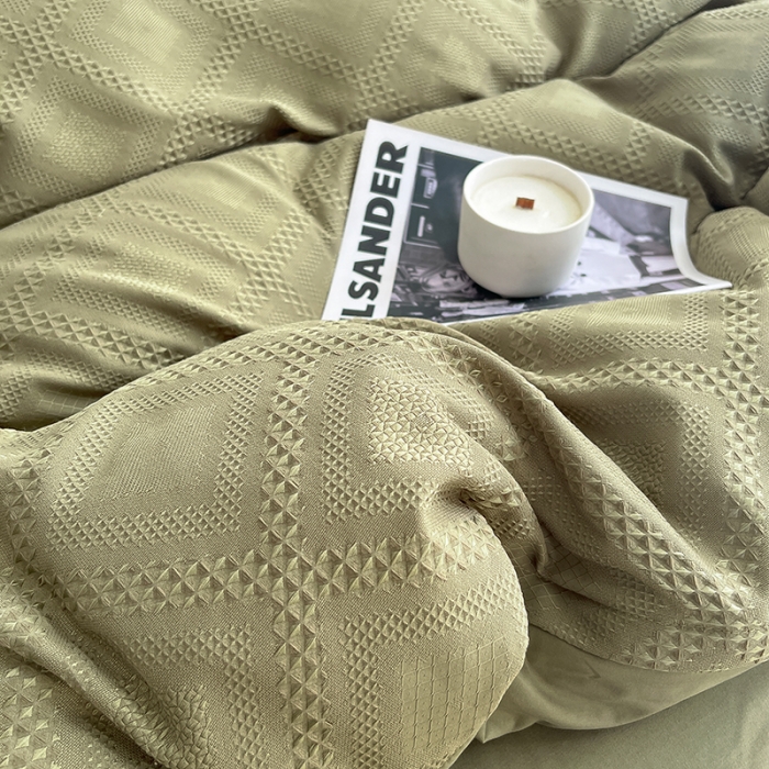 91家纺网 家纺一手货源 找家纺 米粒 2022直播爆款纯色AB版华夫格四件套磨毛水洗棉 橄榄绿