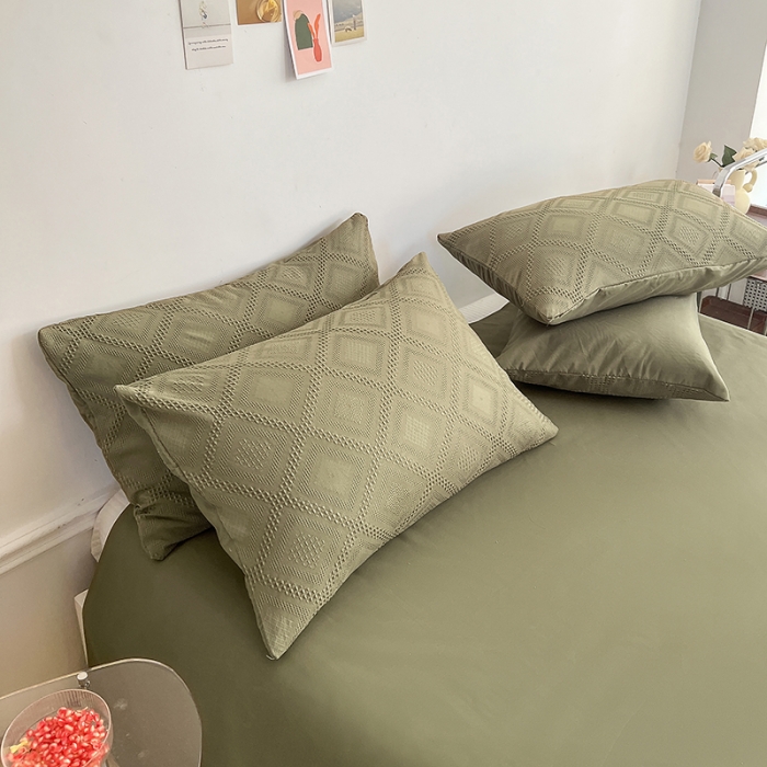 91家纺网 家纺一手货源 找家纺 米粒 2022直播爆款纯色AB版华夫格四件套磨毛水洗棉 橄榄绿