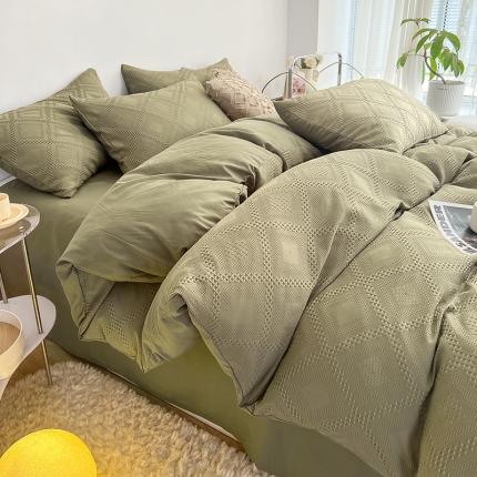 米粒 2022直播爆款纯色AB版华夫格四件套磨毛水洗棉 橄榄绿