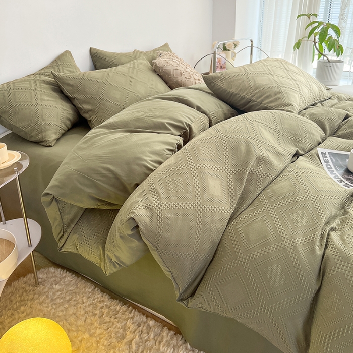 91家纺网 家纺一手货源 找家纺 米粒 2022直播爆款纯色AB版华夫格四件套磨毛水洗棉 橄榄绿