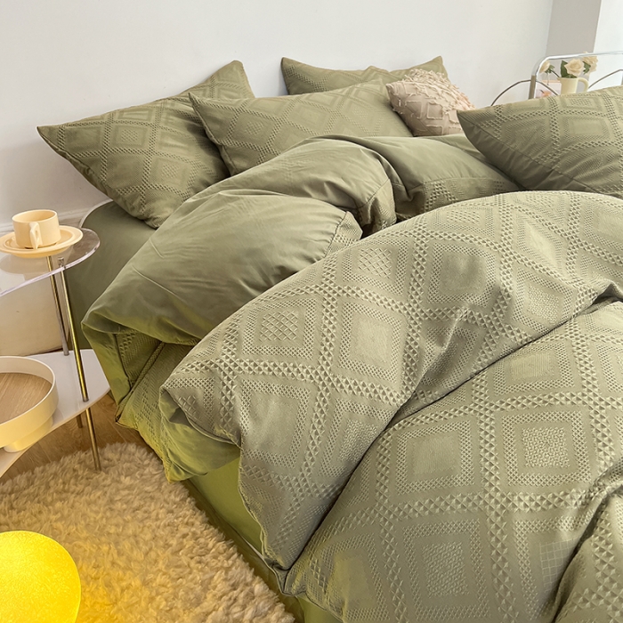 91家纺网 家纺一手货源 找家纺 米粒 2022直播爆款纯色AB版华夫格四件套磨毛水洗棉 橄榄绿