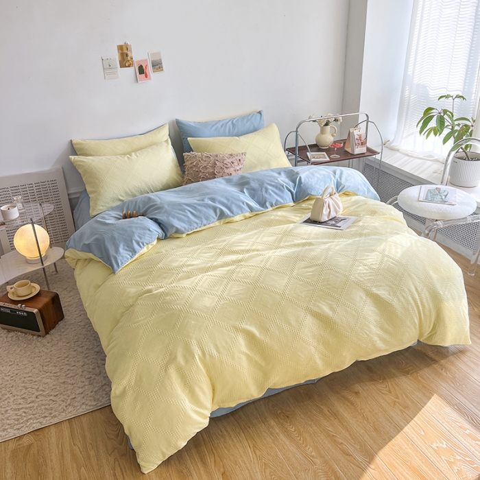 91家纺网 家纺一手货源 找家纺 米粒 2022直播爆款纯色AB版华夫格四件套磨毛水洗棉 米兰